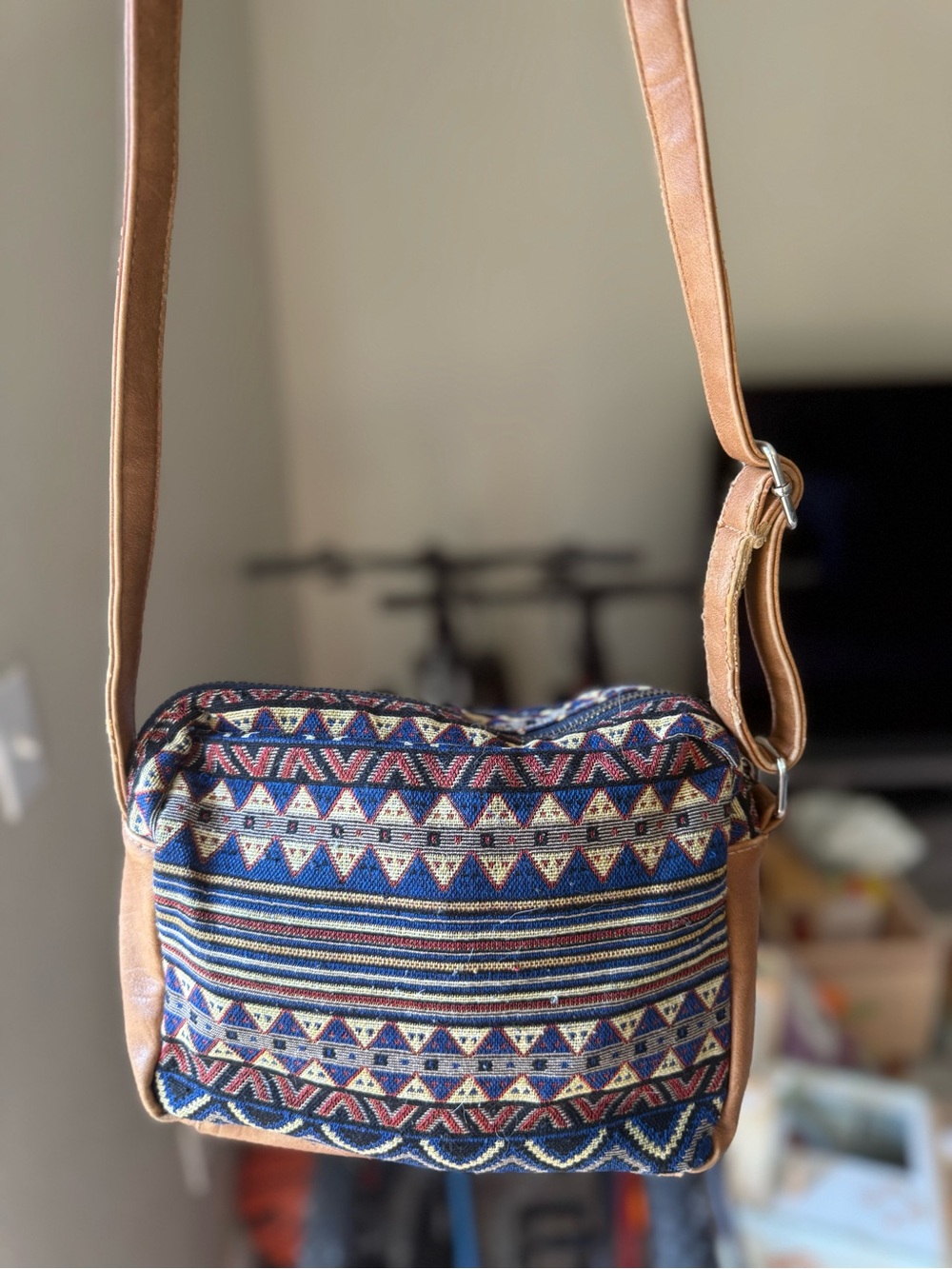 Patterned Navy and Tan Boho Crossbody Bag